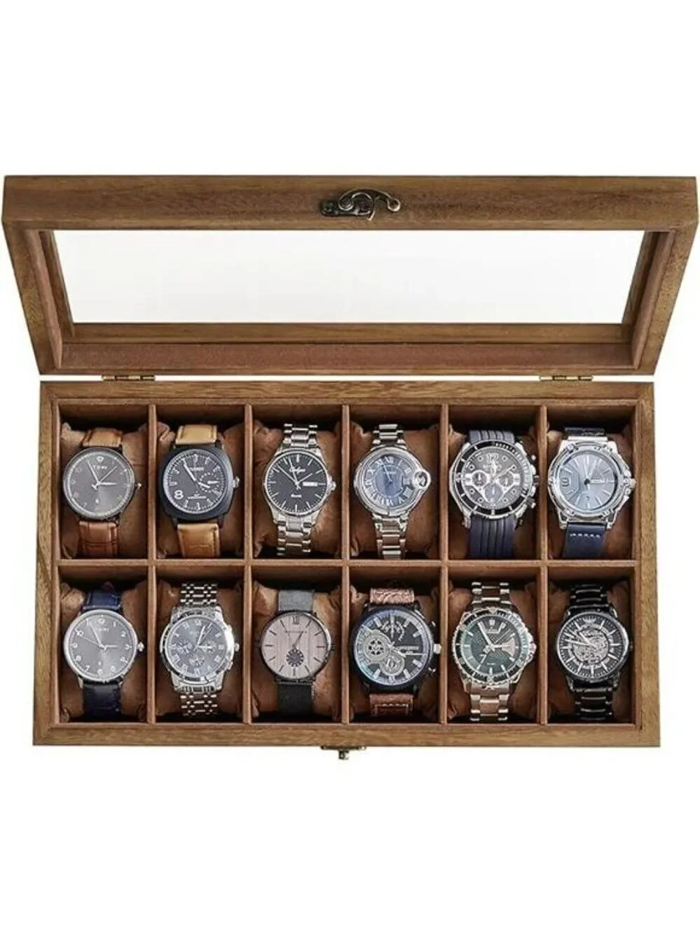 Wood Watch Box Organizer 12 Slot Glass Lid Display Case Rustic Walnut Storage